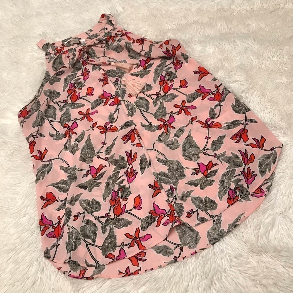 c&e light pink sleeveless floral tie front top tank blouse large